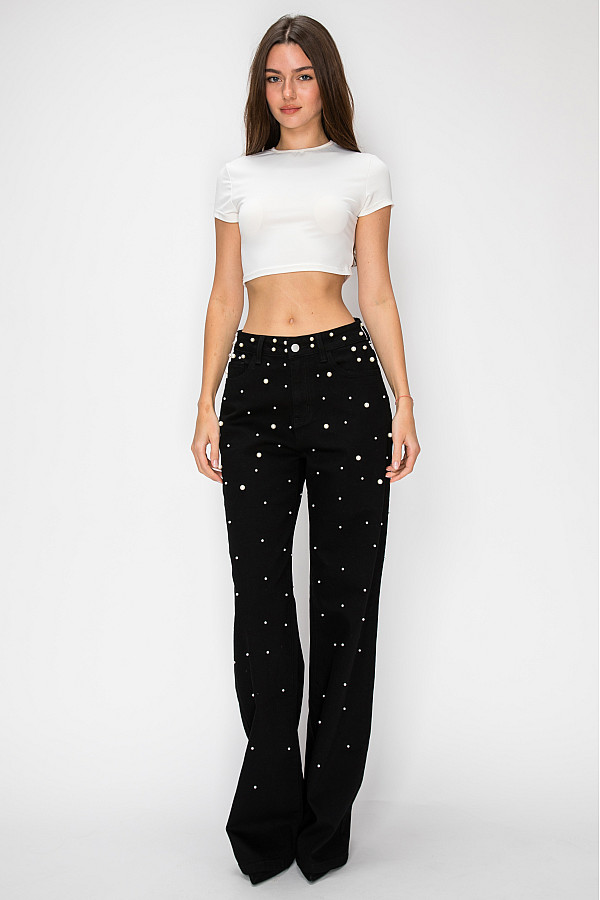 ACE CLUB E.V.E. Black Scattered Pearl Wide-Leg Jeans