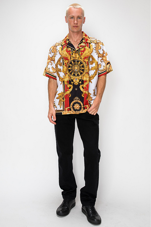 ACE CLUB Filigree Rhinestone Short Sleeve Shirt – White/Gold ACE CLUB Filigree Rhinestone Short Sleeve Shirt – White/Gold