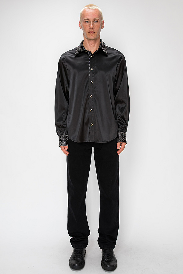 ACE CLUB Rhinestone Collar & Cuff Long Sleeve Shirt – Black ACE CLUB Rhinestone Collar & Cuff Long Sleeve Shirt – Black