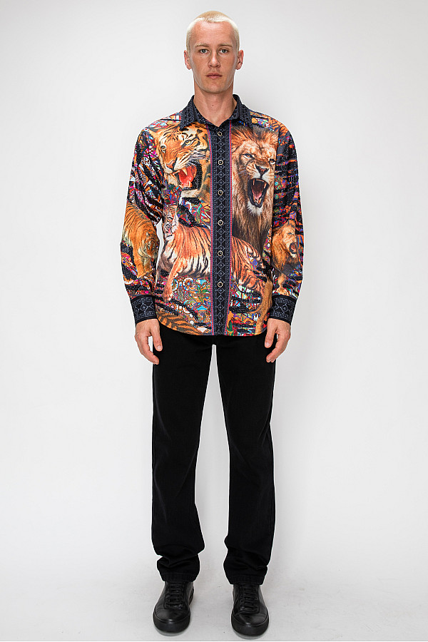ACE CLUB Tiger & Lion Rhinestone Long Sleeve Shirt