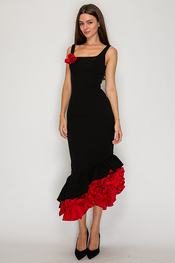 ACE CLUB E.V.E. Black & Red Asymmetric Rosette Midi Dress